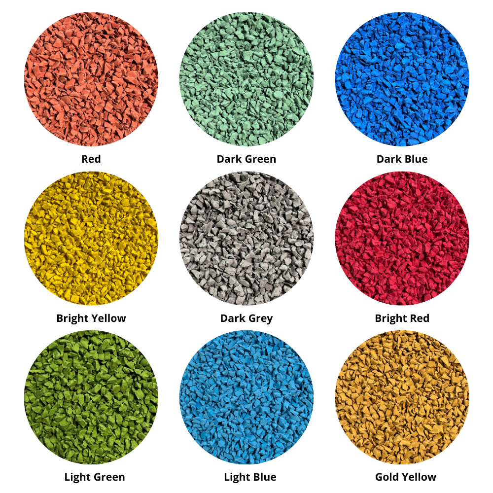 Swatches of Interplay EPDM Colours; Red, Dark Green, Dark Blue, Bright Yellow, Dark Grey, Bright Red, Light Green, Light Blue and Gold Yellow.