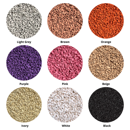 Swatches of Interplay EPDM Colours; Light Grey, Brown, Orange, Purple, Pink, Beige, Ivory, White and Black.